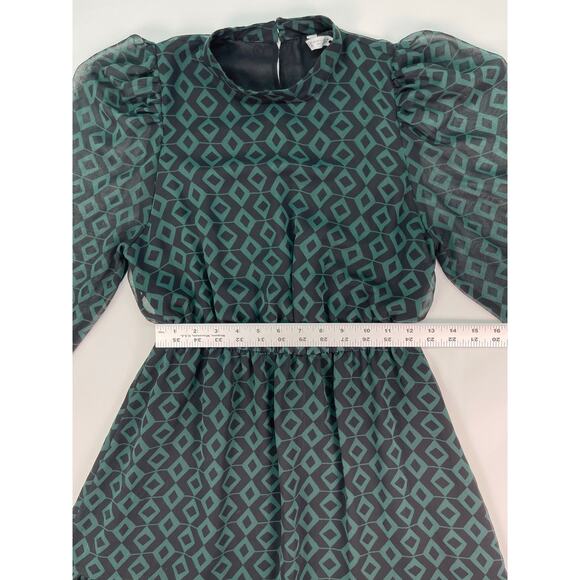 ZARA Long Sleeve Geo Print Mini Dress Green/Black Puff Shoulder Ruffle Hem Sz M - Picture 8 of 9